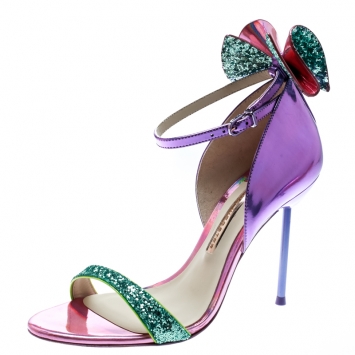 Pre Owned Sophia Webster Multicolor Holographic Leather Maya Glitter Bow Ankle Strap Sandals Size 38.5