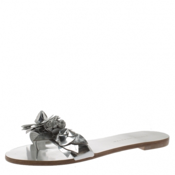 Pre Owned Sophia Webster Metallic Silver Leather Lilico Floral Embellished Flat Slides Size 36.5
