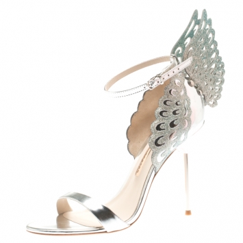 Pre Owned Sophia Webster Metallic Silver Leather Evangeline Glitter Wings Open Toe Sandals Size 39.5