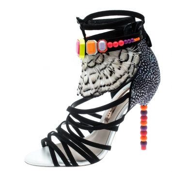 Pre Owned Sophia Webster Black Suede And Pheasant Feather Trim Alessandra Ankle Wrap Strappy Sandals Size 39.5