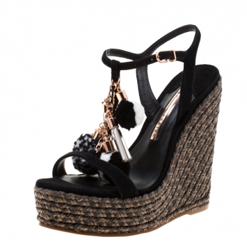 Pre Owned Sophia Webster Black Suede Pom Pom Lucita Espadrille Wedge Size 37.5