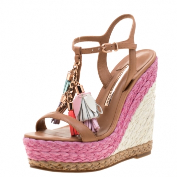 Pre Owned Sophia Webster Brown Leather Lucita Tassel Detail Espadrille Wedge Sandals Size 35.5