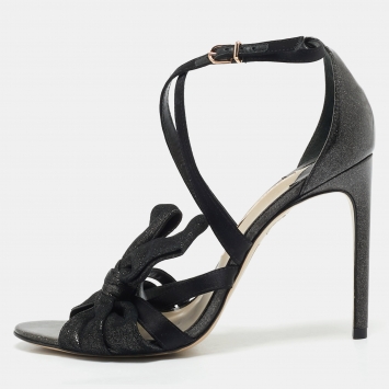 Sophia Webster Black Metallic Leather an Fabric Bonnie Ankle Strap Sandals Size 39