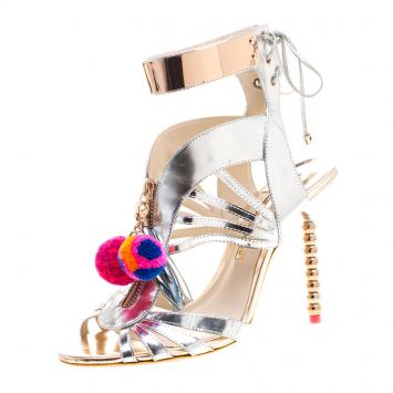 Pre Owned Sophia Webster Metallic Silver Mirrored Leather Yasmina Pom Pom Embellished Sandals Size 40.5