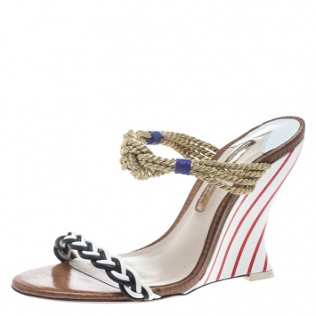 مملوكة مسبقًا Sophia Webster Multicolor Braided Leather Tiffani Wedge Slide Sandals Size 40