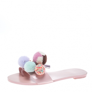 Pre Owned Sophia Webster Blush Pink Patent Leather Jada Pom Pom Flat Slide Sandals Size 37.5