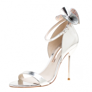 Pre Owned Sophia Webster Metallic Silver Leather Maya Crystal Embellished Bow Ankle Strap Sandals Size 39.5
