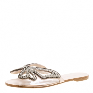 Pre Owned Sophia Webster Beige Butterfly Crystal Embellished Suede and PVC Madame Flat Sandals Size 37