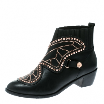 Pre Owned Sophia Webster Black Leather Karina Butterfly Studded Ankle Boots Size 37.5