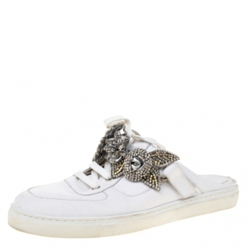 Pre Owned Sophia Webster White Leather Lilico Jessie Crystal Sneakers Size 40.5