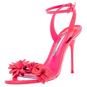 Pre Owned Sophia Webster Fluorescent Pink Patent Leather Lilico Floral Embellished Ankle Wrap Sandals Size 37.5