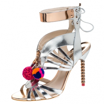 Pre Owned Sophia Webster Metallic Silver Mirrored Leather Yasmina Pom Pom Embellished Sandals Size 42