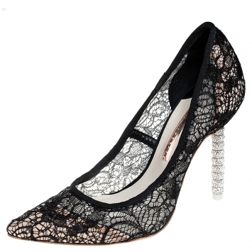 Pre Owned Sophia Webster Black Lace Coco Crystal Pointed Toe Pumps Size 36