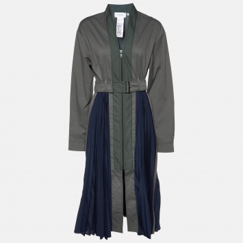 Pre Owned Sportmax Green/Navy Blue Cotton Plisse Belted Midi Dress S