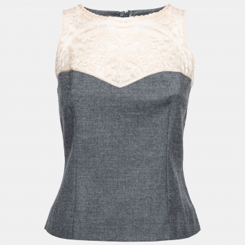 Pre Owned Sportmax Grey Wool Lace Detail Sleeveless Top S