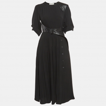 Pre Owned Sportmax Black Leather Trim Crepe Pleated Midi Dress S