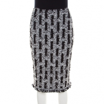 Pre Owned St. John Couture Monochrome Textured Lurex Knit Crystal Embellished Pencil Skirt S