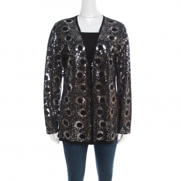 Pre Owned St. John Black Silk and Cashmere Knit Sequin Embellished Cardigan L