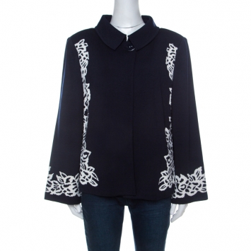 Pre Owned St. John Navy Blue Floral Patterned Knit Flared Sleeve Jacket XL 