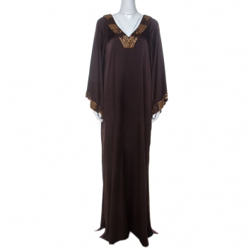 Pre Owned St. John Brown Stretch Silk Beaded Trim Kaftan Dress L