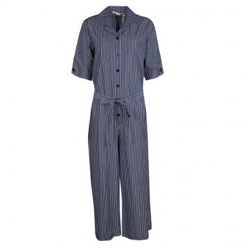 Pre Owned Stella McCartney Navy Blue Striped Cotton Belted Jumpsuit M