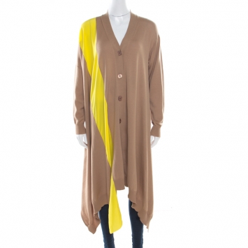Pre Owned Stella McCartney Brown Wool Contrast Silk Panel Asymmetric Cardigan S
