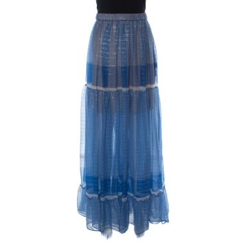 Pre Owned Stella McCartney Blue Printed Silk-Blend Chiffon Tiered Maxi Elsa Skirt XL
