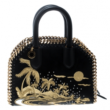 Pre Owned Stella McCartney Black Leather Tiny Hawallan Embroidered Top Handle Shoulder Bag