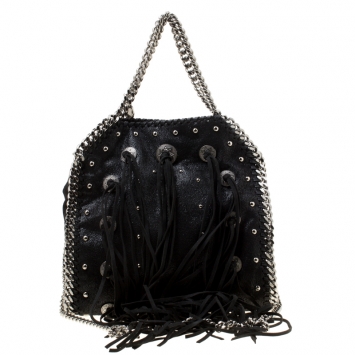 Pre Owned Stella McCartney Black Faux Leather Mini Falabella Conchos Fringe Tote