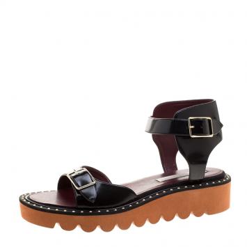 Pre Owned Stella McCartney Black Faux Leather Odette Studded Flat Sandals Size 41