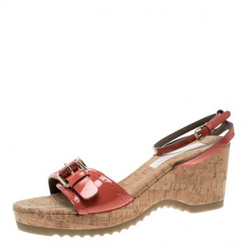 Pre Owned Stella McCartney Imperial Red Faux Patent Leather Linda Cork Wedge Sandals Size 41