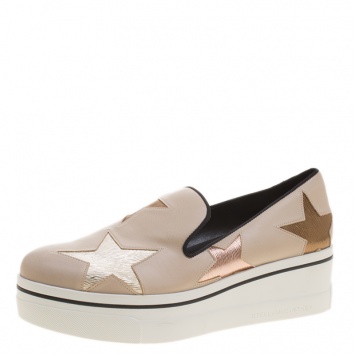 Pre Owned Stella McCartney Beige Faux Leather and Metallic Fabric Binx Star Platform Slip On Sneakers Size 41