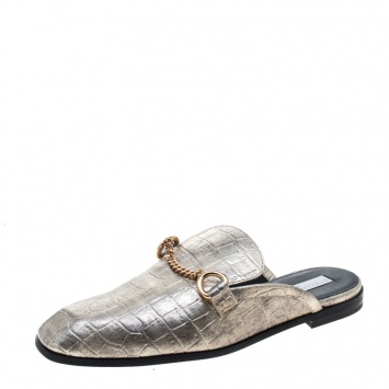 Pre Owned Stella McCartney Metallic Gold Faux Croc Embossed Leather Chain Trim Flat Slides Size 37