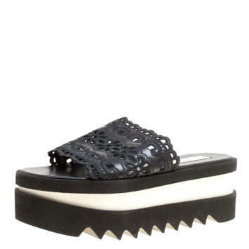 Pre Owned Stella McCartney Black Faux Leather Floral Eyelet Embroidered Platform Slides Size 38