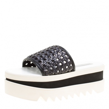 Pre Owned Stella McCartney Black Woven Faux Leather Wicker Platform Slides Size 38