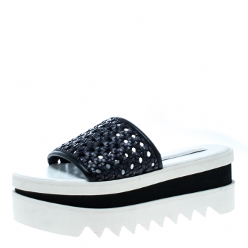 Pre Owned Stella McCartney Black Faux Woven Leather Wicker Platform Slides Size 37