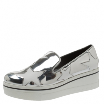 Pre Owned Stella McCartney Metallic Silver Faux Leather Binx Star Platform Slip On Sneakers Size 40