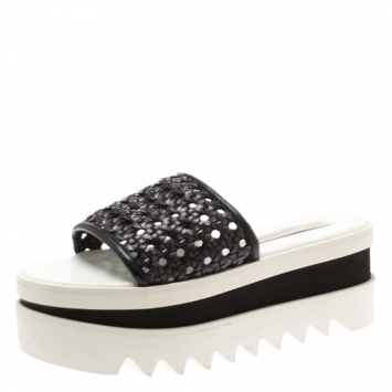 Pre Owned Stella McCartney Black Faux Woven Leather Wicker Platform Slides Size 36