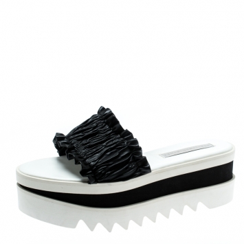 Pre Owned Stella McCartney Black Ruffle Faux Leather Platform Slide Sandals Size 40.5