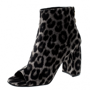 Pre Owned Stella McCartney Beige Leopard Printed Velvet Peep Toe Block Heel Ankle Boots Size 39
