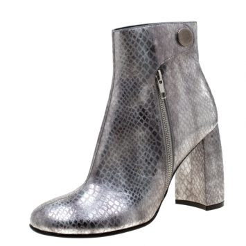 Pre Owned Stella McCartney Metallic Silver Python Embossed Faux Leather Ankle Boots Size 38