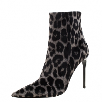 Pre Owned Stella McCartney Beige/Black Leopard Print Velvet Ankle Boots Size 38.5