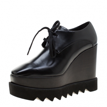Pre Owned Stella McCartney Black Faux Leather Leana Wooden Wedge Lace-Up Oxfords Size 35