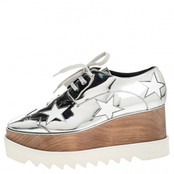 Pre Owned Stella McCartney Metallic Silver Faux Leather Elyse Star Platform Derby Size 38