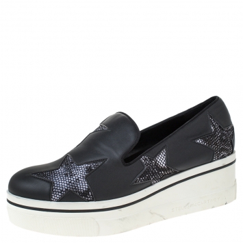 Pre Owned Stella McCartney Black Faux Leather Star Platform Slip On Sneakers Size 38