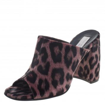 Pre Owned Stella McCartney Rose Pink Leopard Printed Velvet Sabot Mules Size 39.5