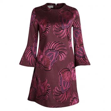 Pre Owned Stella McCartney Burgundy Floral Jacquard Wool Long Sleeve Dress S