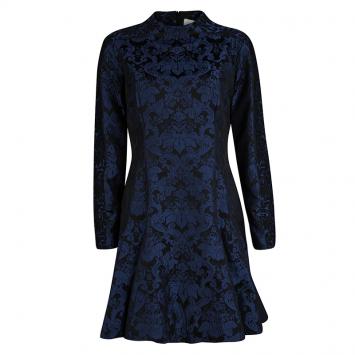 Pre Owned Stella McCartney Blue and Black Floral Jacquard Pleat Detail Long Sleeve Dress M