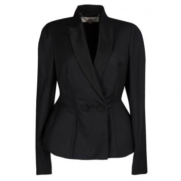 Pre Owned Stella McCartney Black Wool Textured Lapel Collarless Blazer M