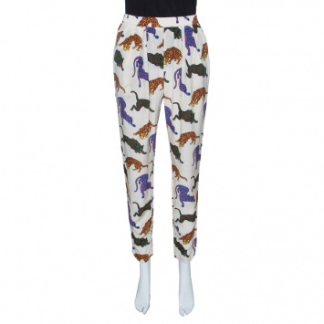 مملوكة مسبقًا Stella McCartney Cream Wild Cat Printed Silk Elasticized Waist Christine Pants S